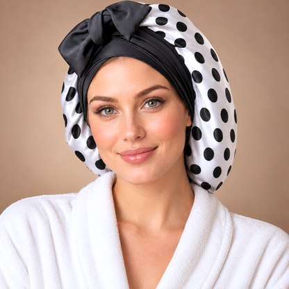 A woman wearing a white satin hair bonnet with black polka dots and a large black bow, paired with a white bathrobe against a warm beige background.