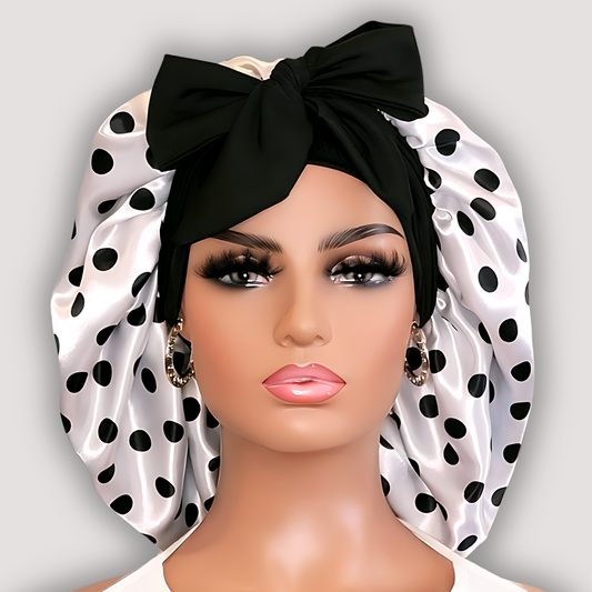 Pearl & Black Polka Dot Satin-Lined Stretch Tie Bonnet