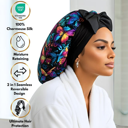Graffiti Butterfly Print Satin-Lined Reversible Hair Bonnet | Adjustable Stretch Ties