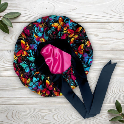Graffiti Butterfly Print Satin-Lined Reversible Hair Bonnet | Adjustable Stretch Ties