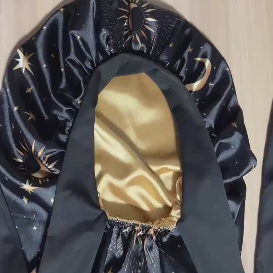 Long Satin Lined Sleep Cap for Braids, Locs, Curls and Natural Hair, Adjustable Stretch Ties, Reversible Gold Lining, Celestial Print