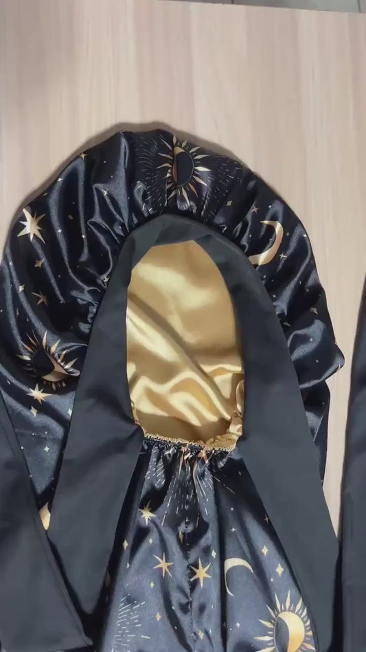 Long Satin Lined Sleep Cap for Braids, Locs, Curls and Natural Hair, Adjustable Stretch Ties, Reversible Gold Lining, Celestial Print