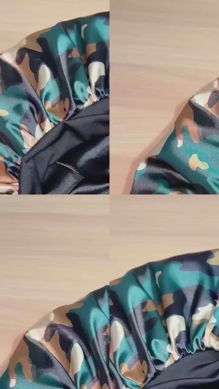 Men’s No Tie Satin Bonnet for Locs, Braids & Curly Hair, Adjustable Non Slip Double Layer Sleep Cap, Camouflage