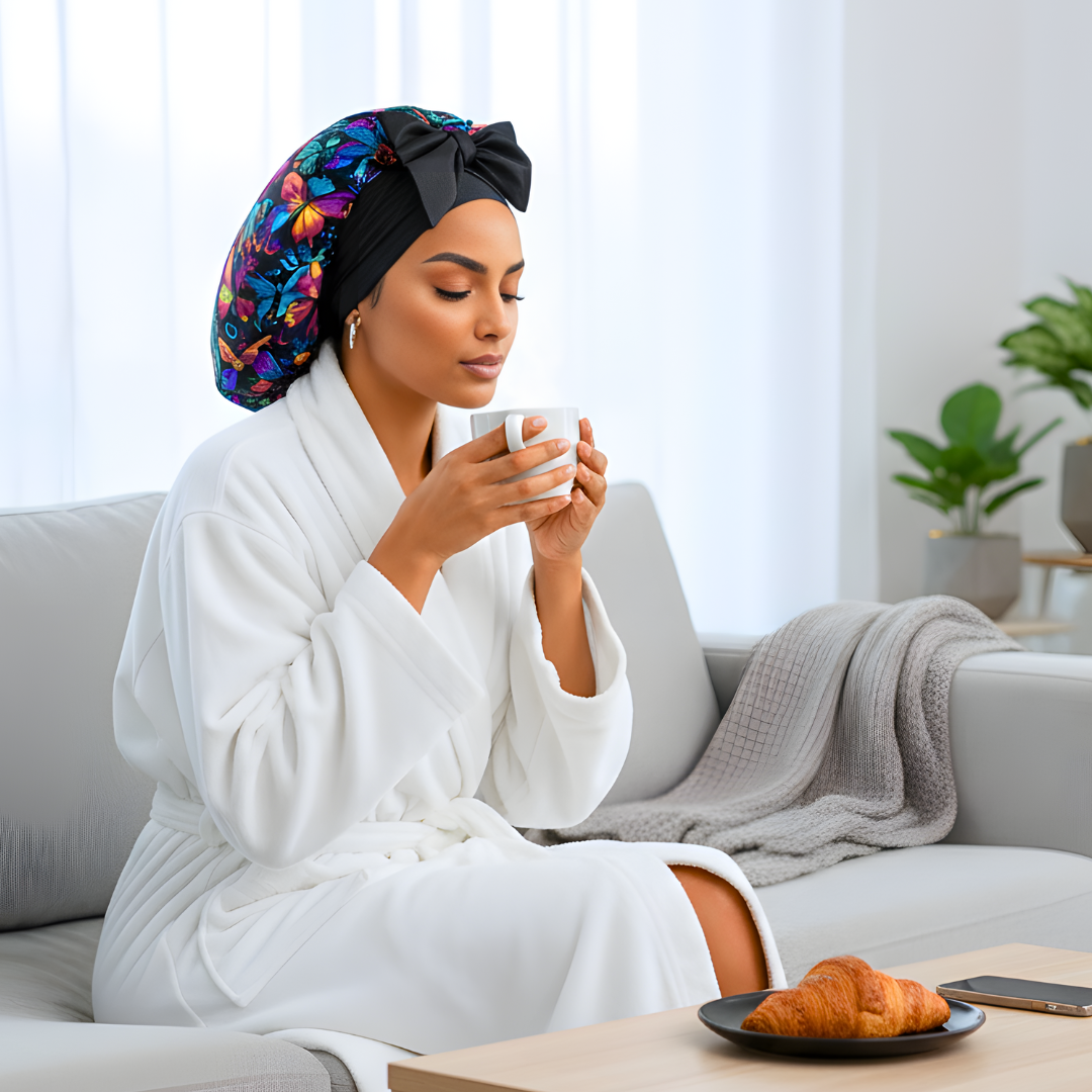 video of a woman wearing a white robe and colorful satin headscarf sitting on a couch holding a mug, with a plate of pastries beside her. The cozy indoor scene highlights a calm morning routine and the luxury handmade head wrap that protects natural and curly hair while adding a stylish, self-care touch. Perfect lifestyle imagery for Prince Hair Company’s satin hair accessories collection.