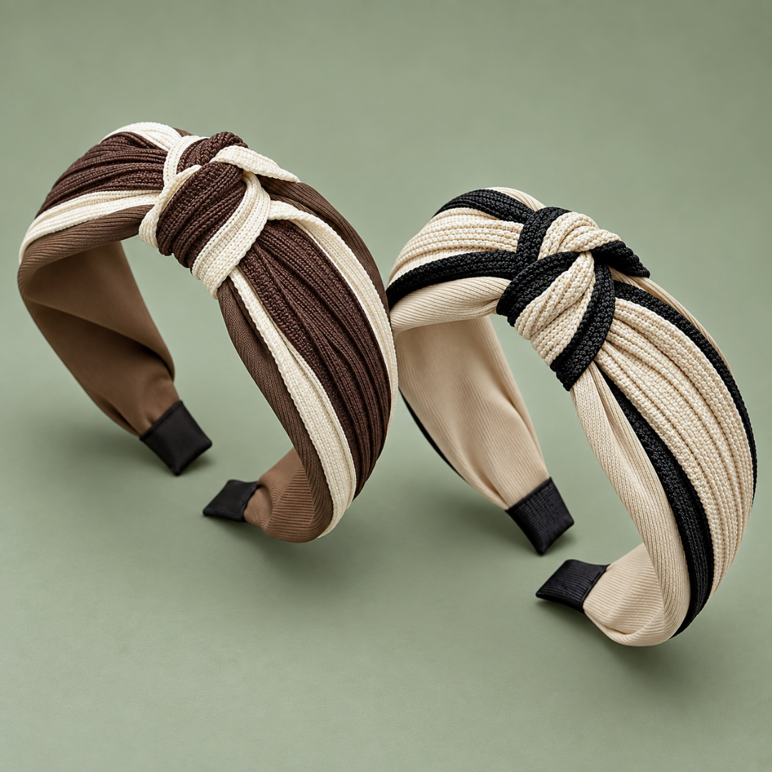 Brown and beige two-tone twisted knot headbands displayed together on a sage green studio background.