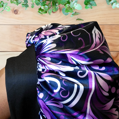 Satin Lined Stretch Tie Satin Hair Bonnet - Purple Floral Swirl | Premium Hair Protection