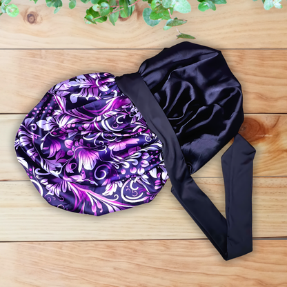 Satin Lined Stretch Tie Satin Hair Bonnet - Purple Floral Swirl | Premium Hair Protection