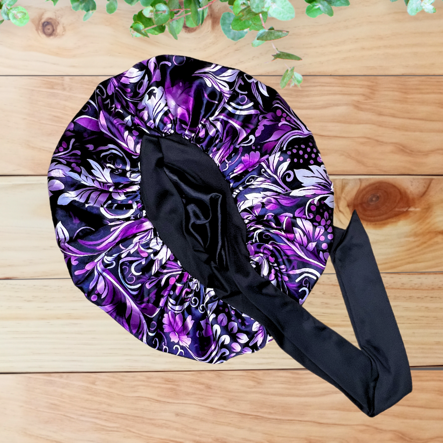 Satin Lined Stretch Tie Satin Hair Bonnet - Purple Floral Swirl | Premium Hair Protection