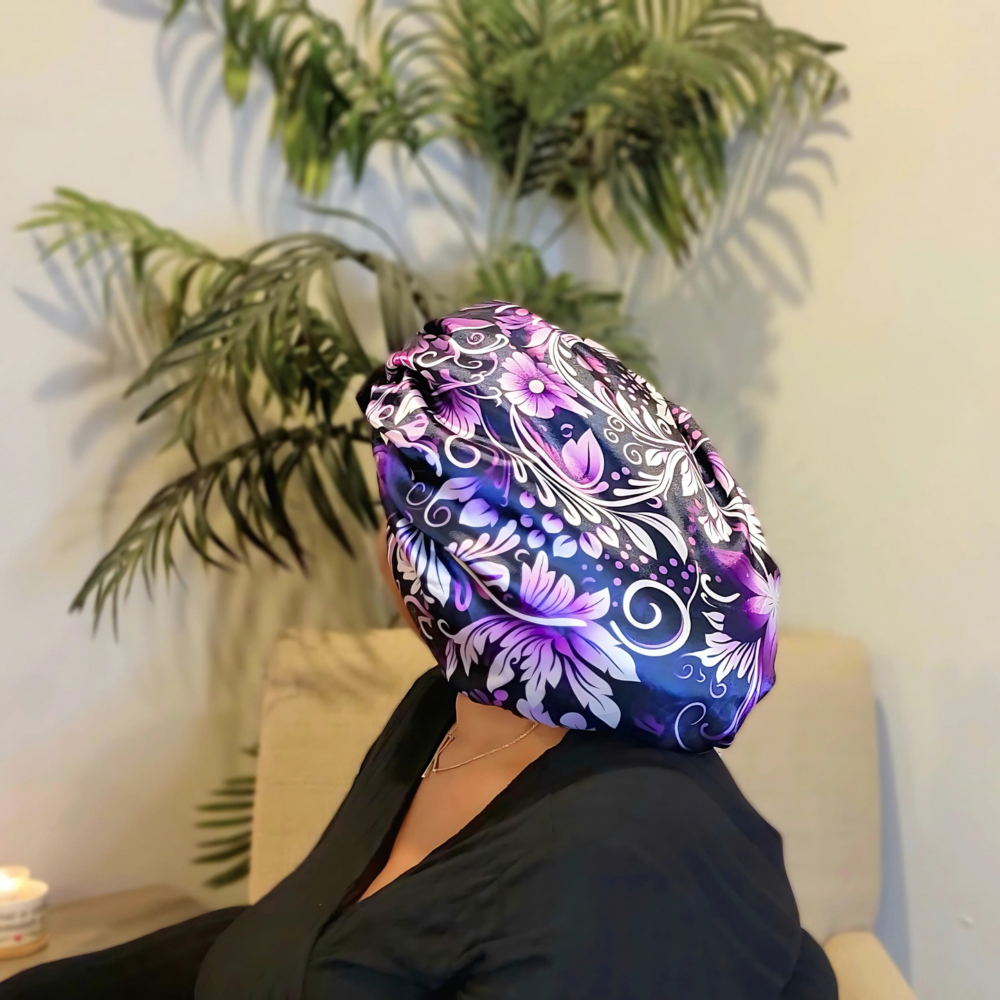 Satin Lined Stretch Tie Satin Hair Bonnet - Purple Floral Swirl | Premium Hair Protection