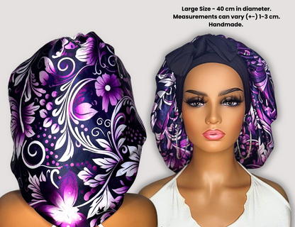 Satin Lined Stretch Tie Satin Hair Bonnet - Purple Floral Swirl | Premium Hair Protection