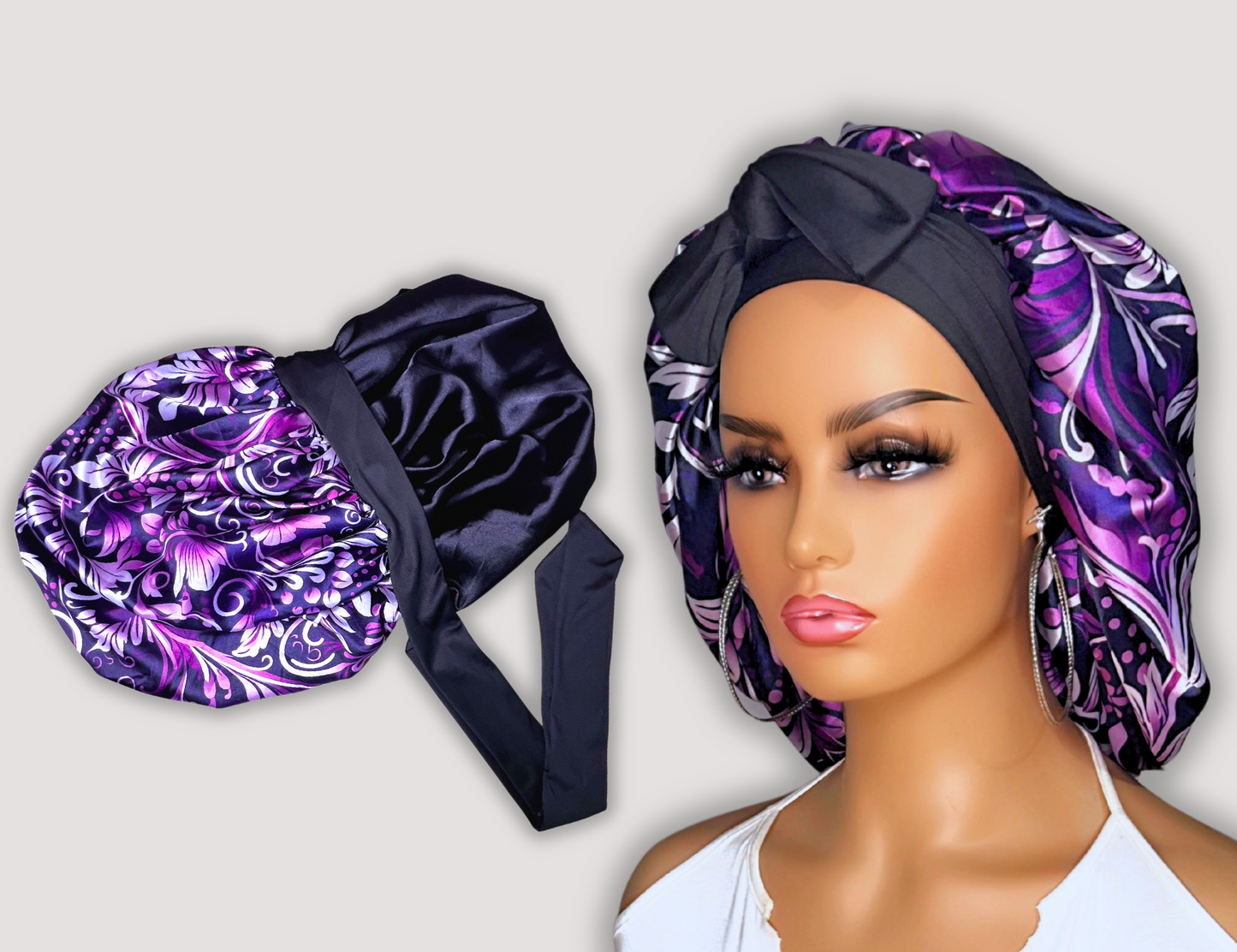 Satin Lined Stretch Tie Satin Hair Bonnet - Purple Floral Swirl | Premium Hair Protection