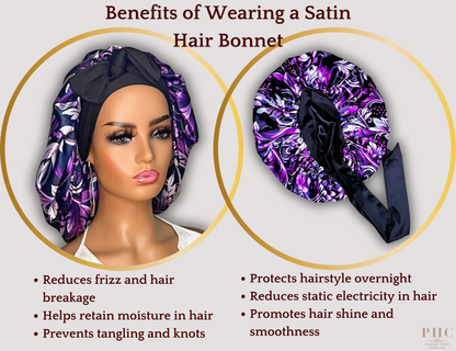 Satin Lined Stretch Tie Satin Hair Bonnet - Purple Floral Swirl | Premium Hair Protection