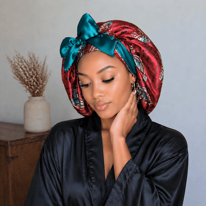 Red and Teal Ankara Print All Satin Reversible Bonnet - PHC
