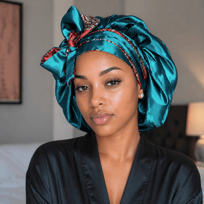 Red and Teal Ankara Print All Satin Reversible Bonnet - PHC