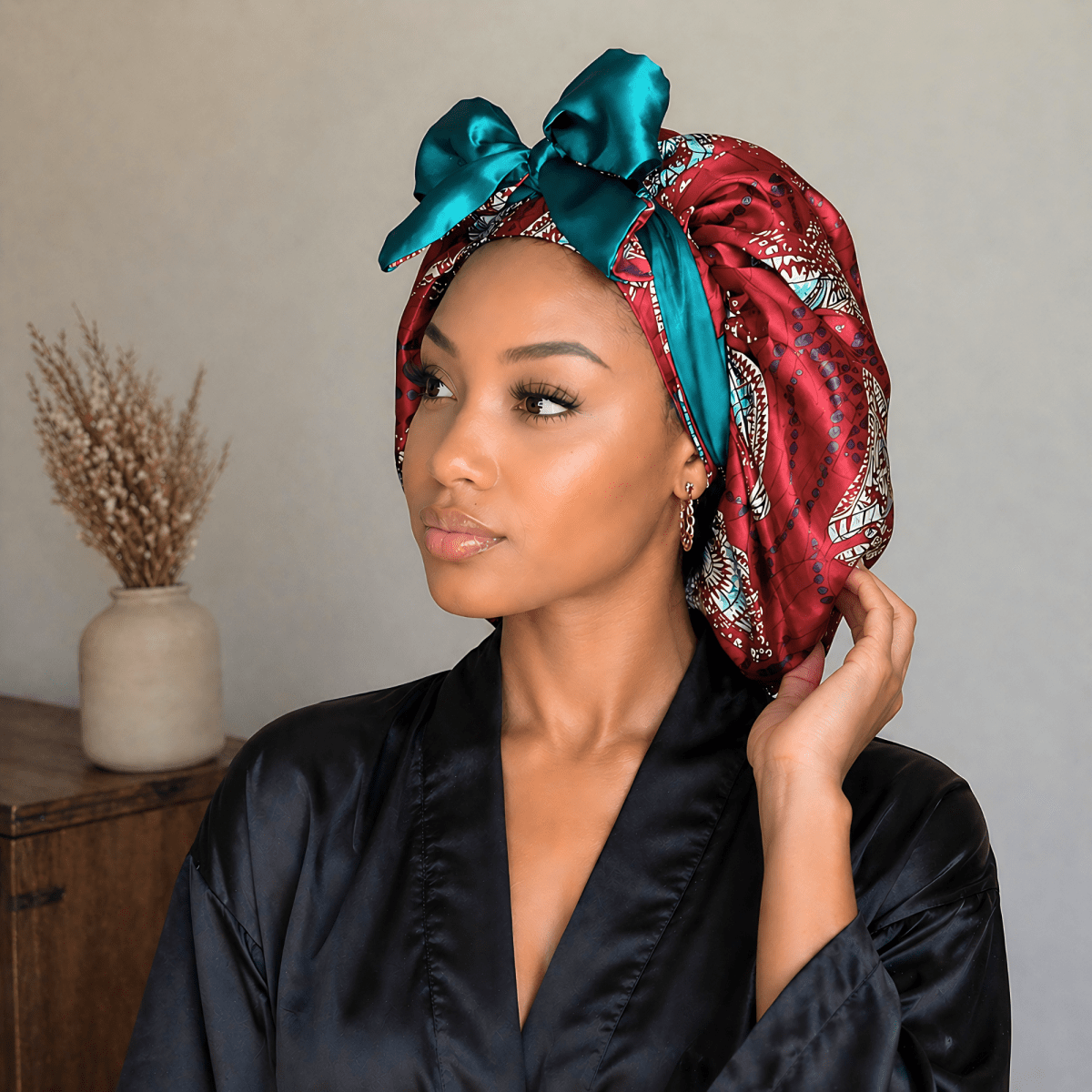 Red and Teal Ankara Print All Satin Reversible Bonnet - PHC