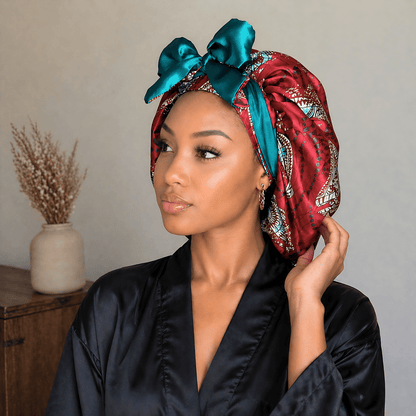 Red and Teal Ankara Print All Satin Reversible Bonnet - PHC