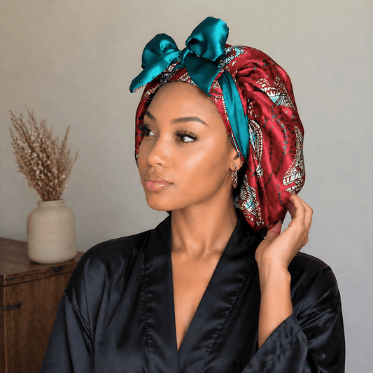 Red and Teal Ankara Print All Satin Reversible Bonnet - PHC