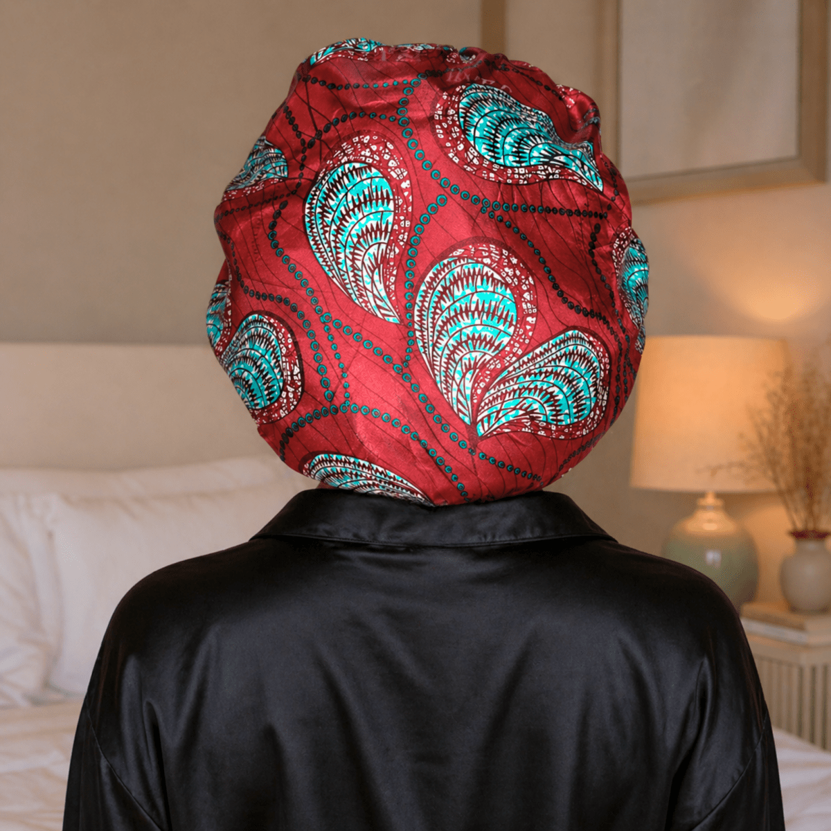 Red and Teal Ankara Print All Satin Reversible Bonnet - PHC