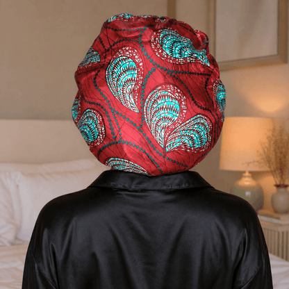 Red and Teal Ankara Print All Satin Reversible Bonnet - PHC