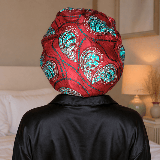 Red and Teal Ankara Print All Satin Reversible Bonnet - PHC
