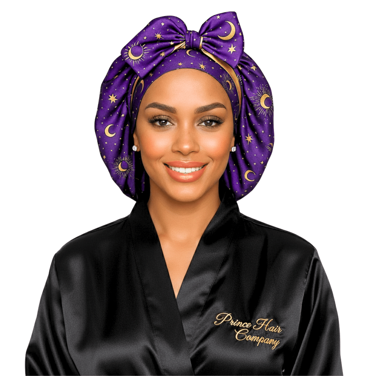 Reversible All Satin Celestial Print Charmeuse Silk Tie Bonnet - Celestial Blue with Gold Moon Print - PHC