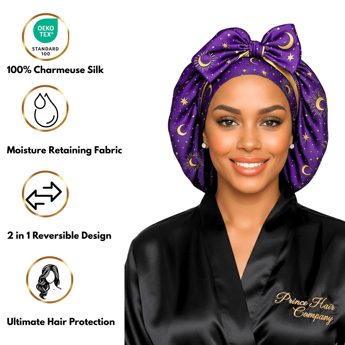 Reversible All Satin Celestial Print Charmeuse Silk Tie Bonnet - Celestial Blue with Gold Moon Print - PHC