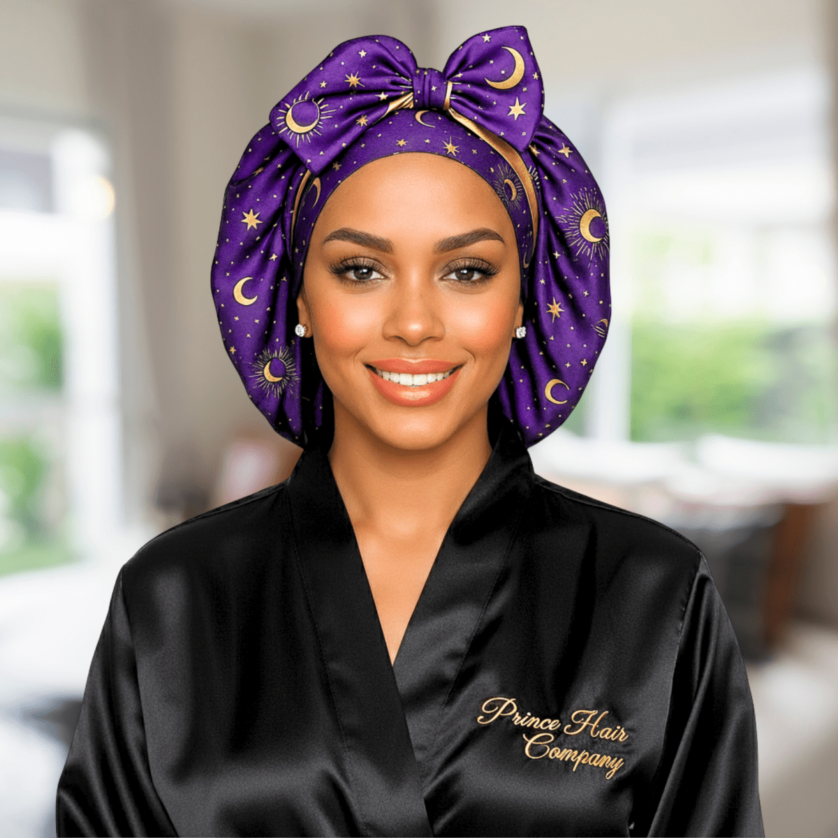 Reversible All Satin Celestial Print Charmeuse Silk Tie Bonnet - Celestial Blue with Gold Moon Print - PHC