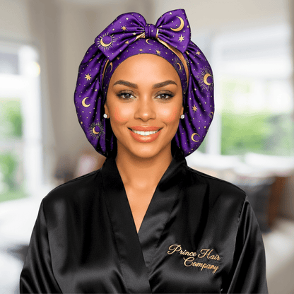 Reversible All Satin Celestial Print Charmeuse Silk Tie Bonnet - Celestial Blue with Gold Moon Print - PHC