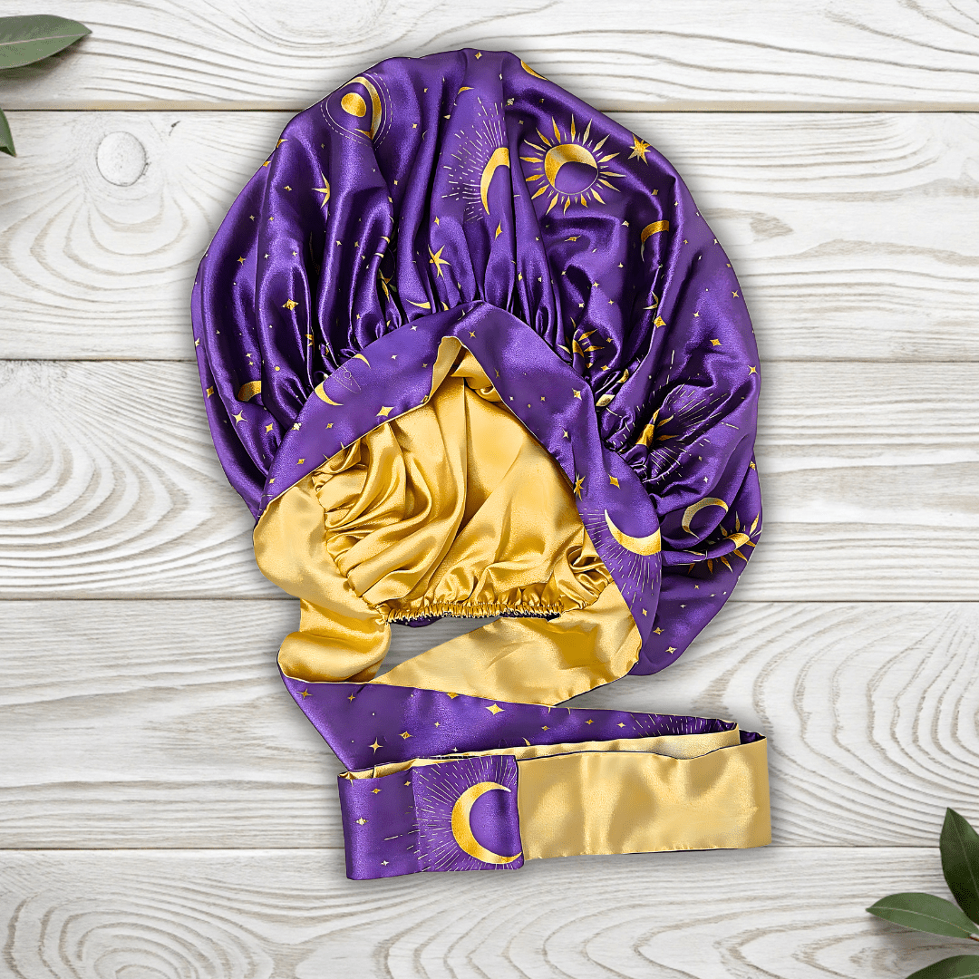 Reversible All Satin Celestial Print Charmeuse Silk Tie Bonnet - Celestial Blue with Gold Moon Print - PHC