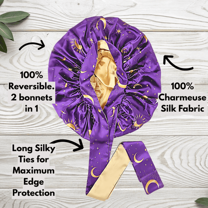 Reversible All Satin Celestial Print Charmeuse Silk Tie Bonnet - Celestial Blue with Gold Moon Print - PHC