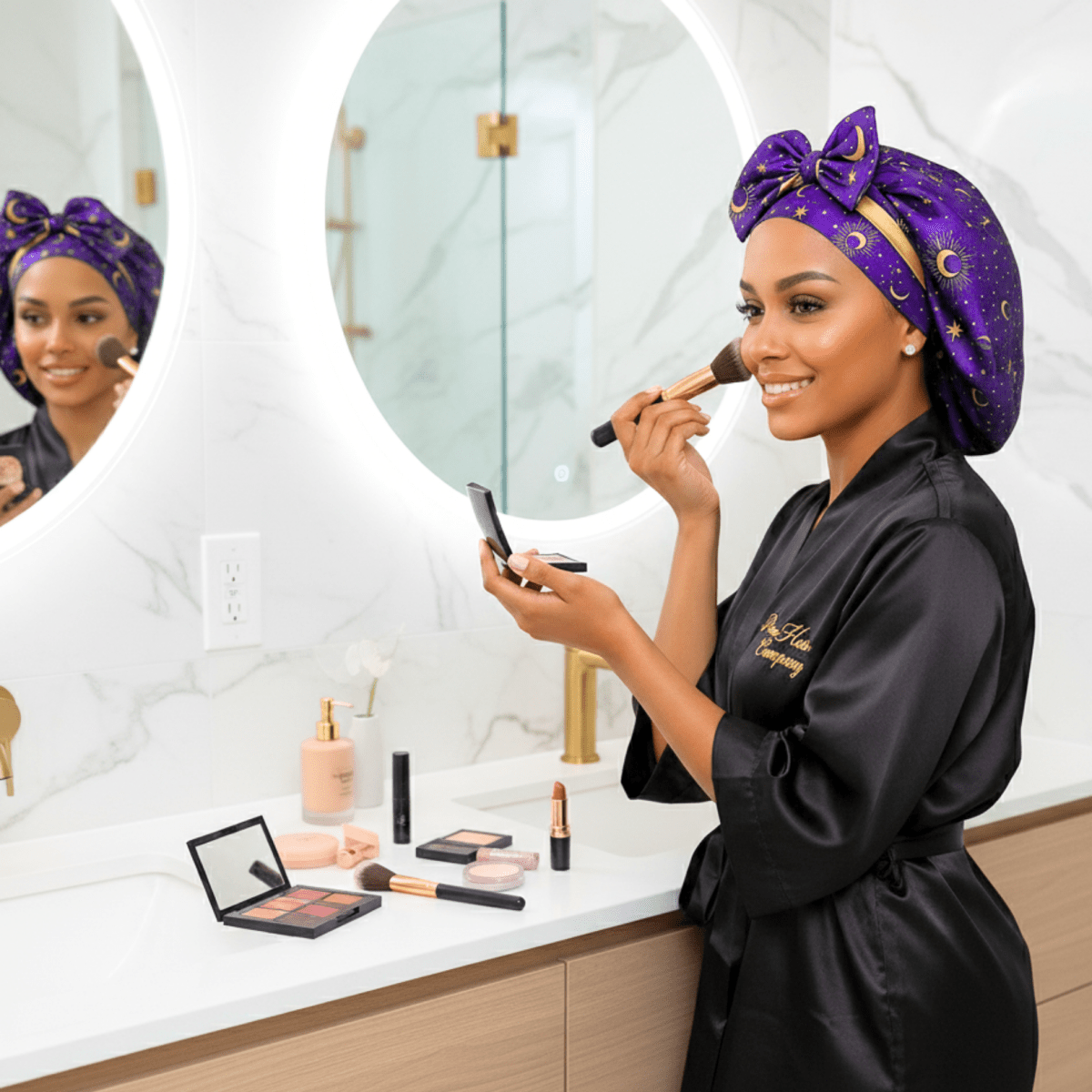 Reversible All Satin Celestial Print Charmeuse Silk Tie Bonnet - Celestial Blue with Gold Moon Print - PHC