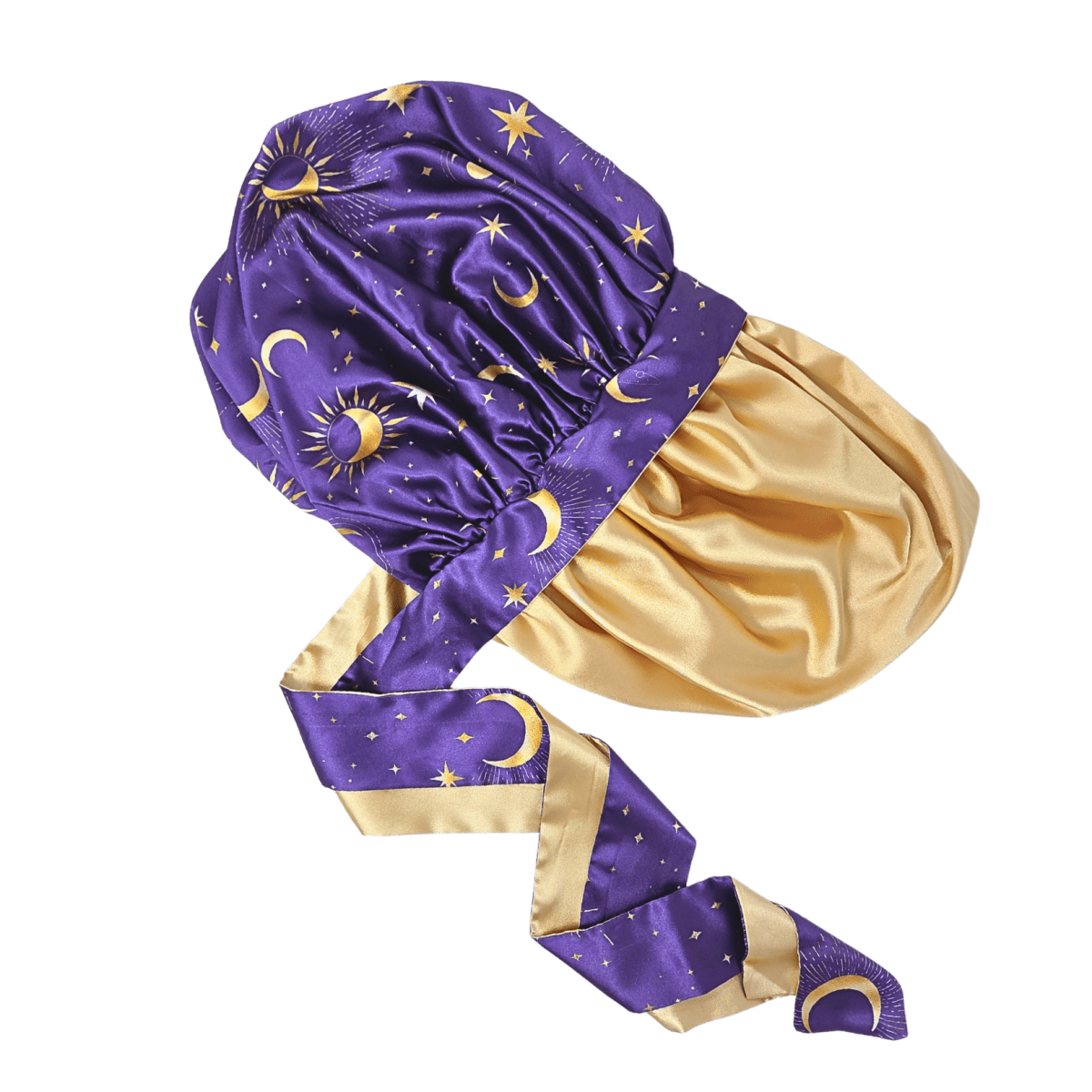 Reversible All Satin Celestial Print Charmeuse Silk Tie Bonnet - Celestial Blue with Gold Moon Print - PHC