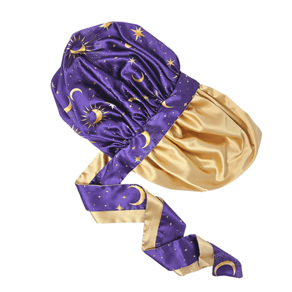 Reversible All Satin Celestial Print Charmeuse Silk Tie Bonnet - Celestial Blue with Gold Moon Print - PHC