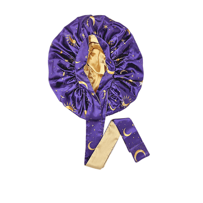 Reversible All Satin Celestial Print Charmeuse Silk Tie Bonnet - Celestial Blue with Gold Moon Print - PHC