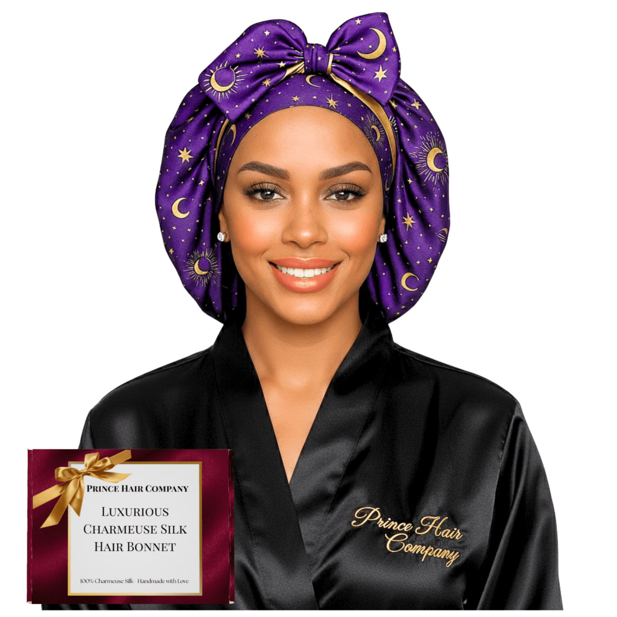 Reversible All Satin Celestial Print Charmeuse Silk Tie Bonnet - Celestial Blue with Gold Moon Print - PHC