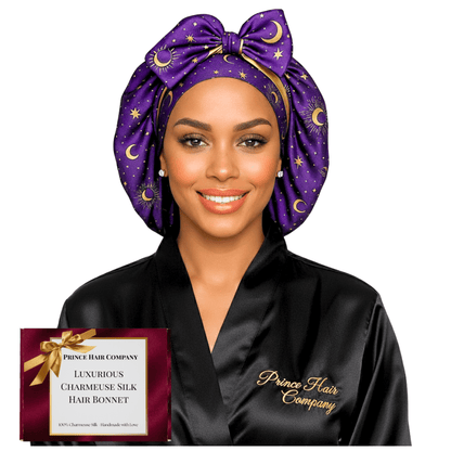 Reversible All Satin Celestial Print Charmeuse Silk Tie Bonnet - Celestial Blue with Gold Moon Print - PHC