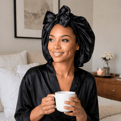 Reversible All - Satin Tie Bonnet in Black/Black - PHC