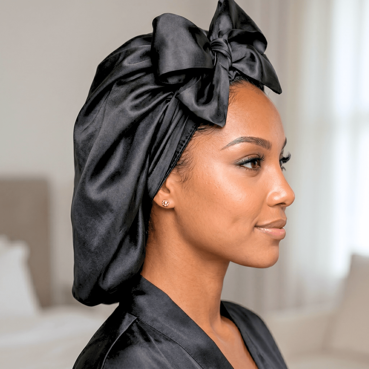 Reversible All - Satin Tie Bonnet in Black/Black - PHC