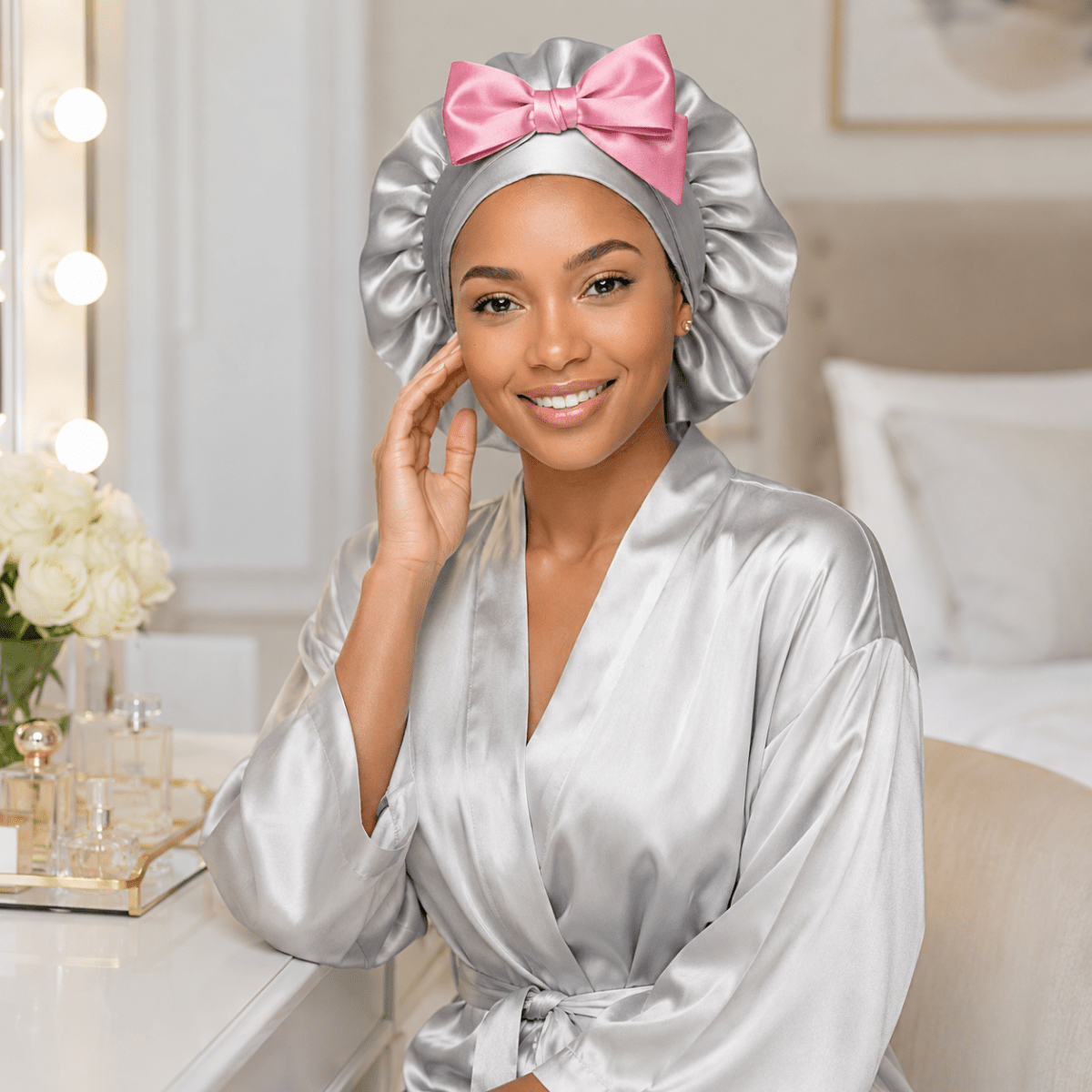 Reversible All Satin Tie Hair Bonnet, Baby Pink & Gray - PHC