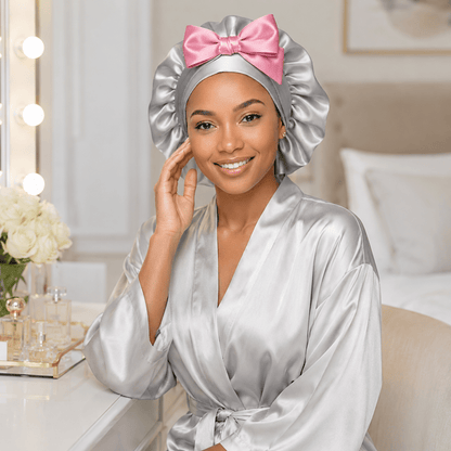 Reversible All Satin Tie Hair Bonnet, Baby Pink & Gray - PHC