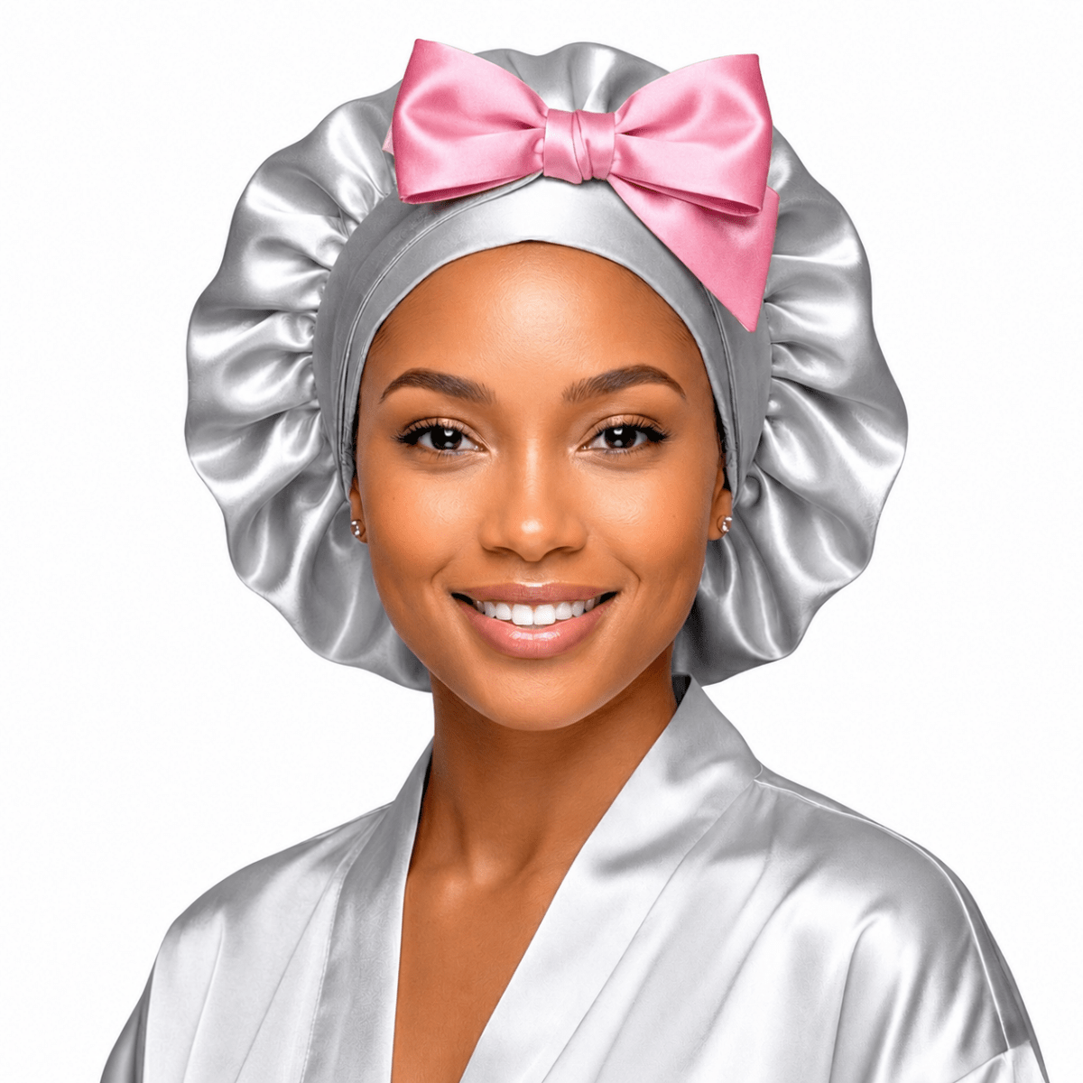 Reversible All Satin Tie Hair Bonnet, Baby Pink & Gray - PHC