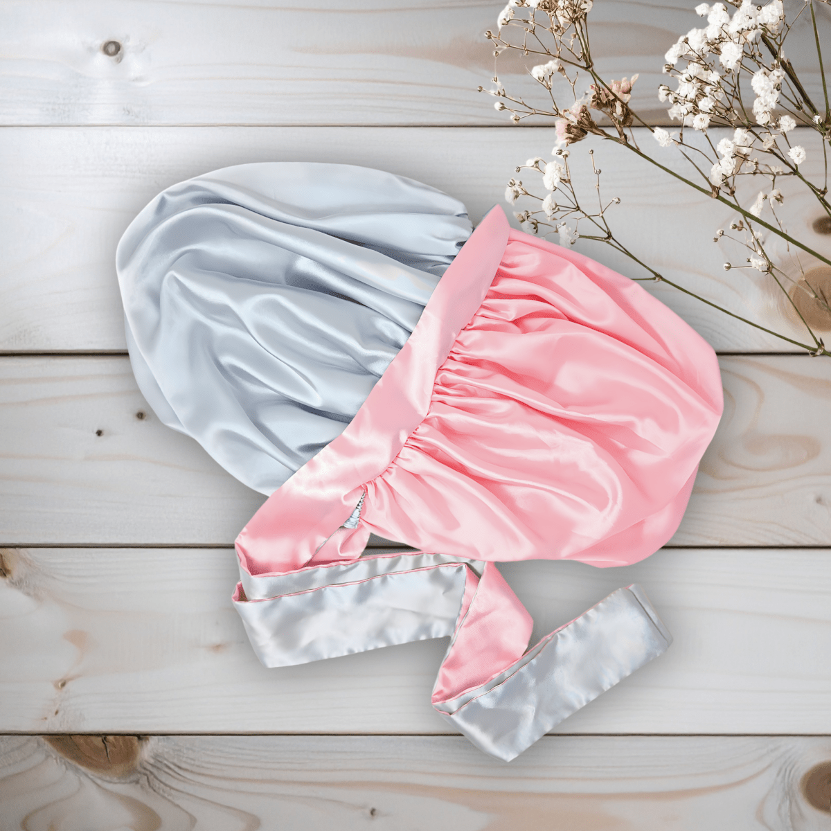 Reversible Charmeuse All Satin Sleep Cap with Long Ties in Baby Pink & Gray - PHC