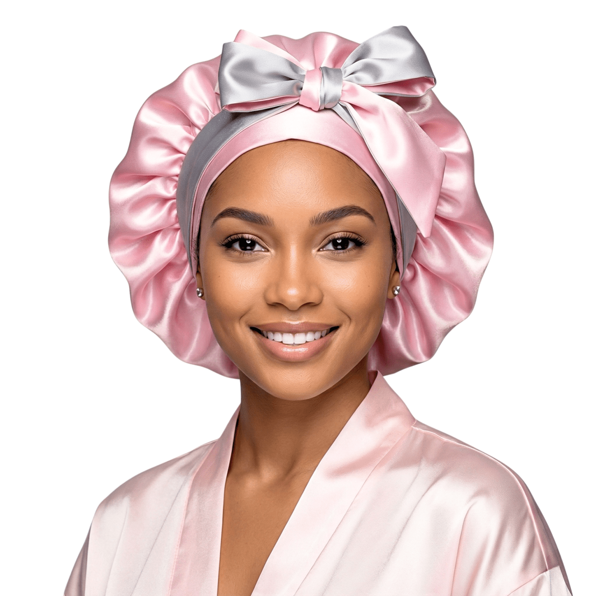 Reversible Charmeuse All Satin Sleep Cap with Long Ties in Baby Pink & Gray - PHC