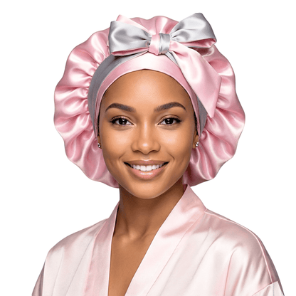 Reversible Charmeuse All Satin Sleep Cap with Long Ties in Baby Pink & Gray - PHC