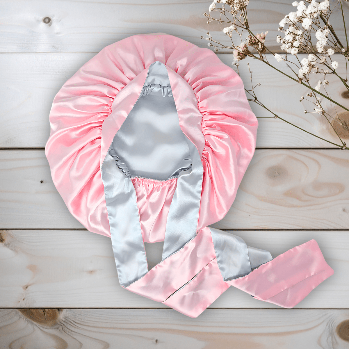 Reversible Charmeuse All Satin Sleep Cap with Long Ties in Baby Pink & Gray - PHC