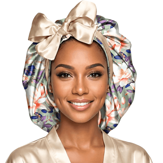 Reversible Charmeuse Silk Satin Bonnet – Exclusive Olive Magnolia Print - PHC