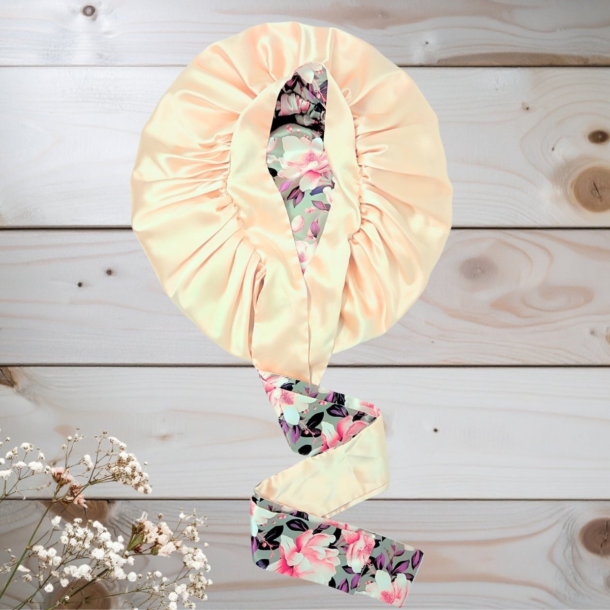 Reversible Charmeuse Silk Satin Bonnet – Exclusive Olive Magnolia Print - PHC