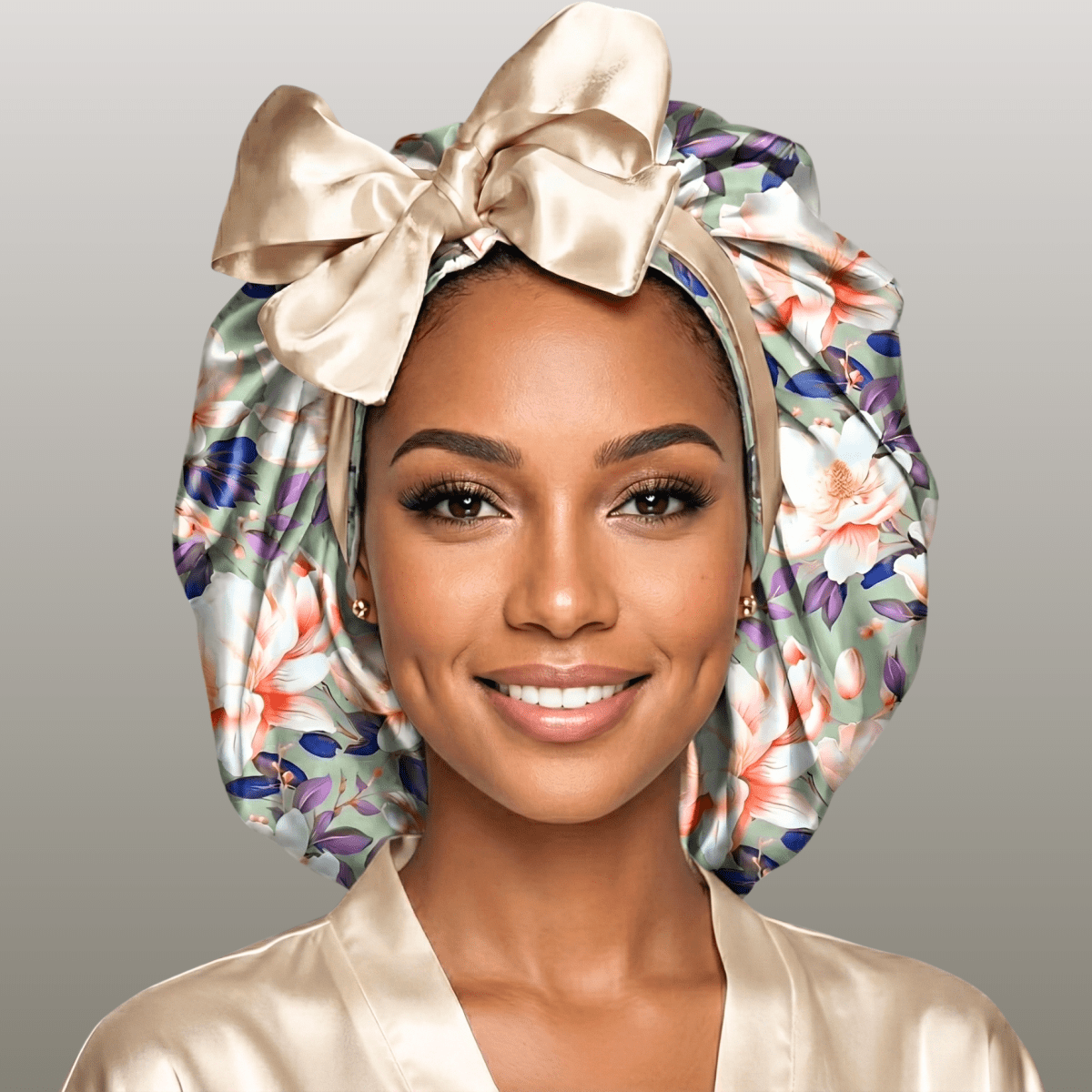 Reversible Charmeuse Silk Satin Bonnet – Exclusive Olive Magnolia Print - PHC