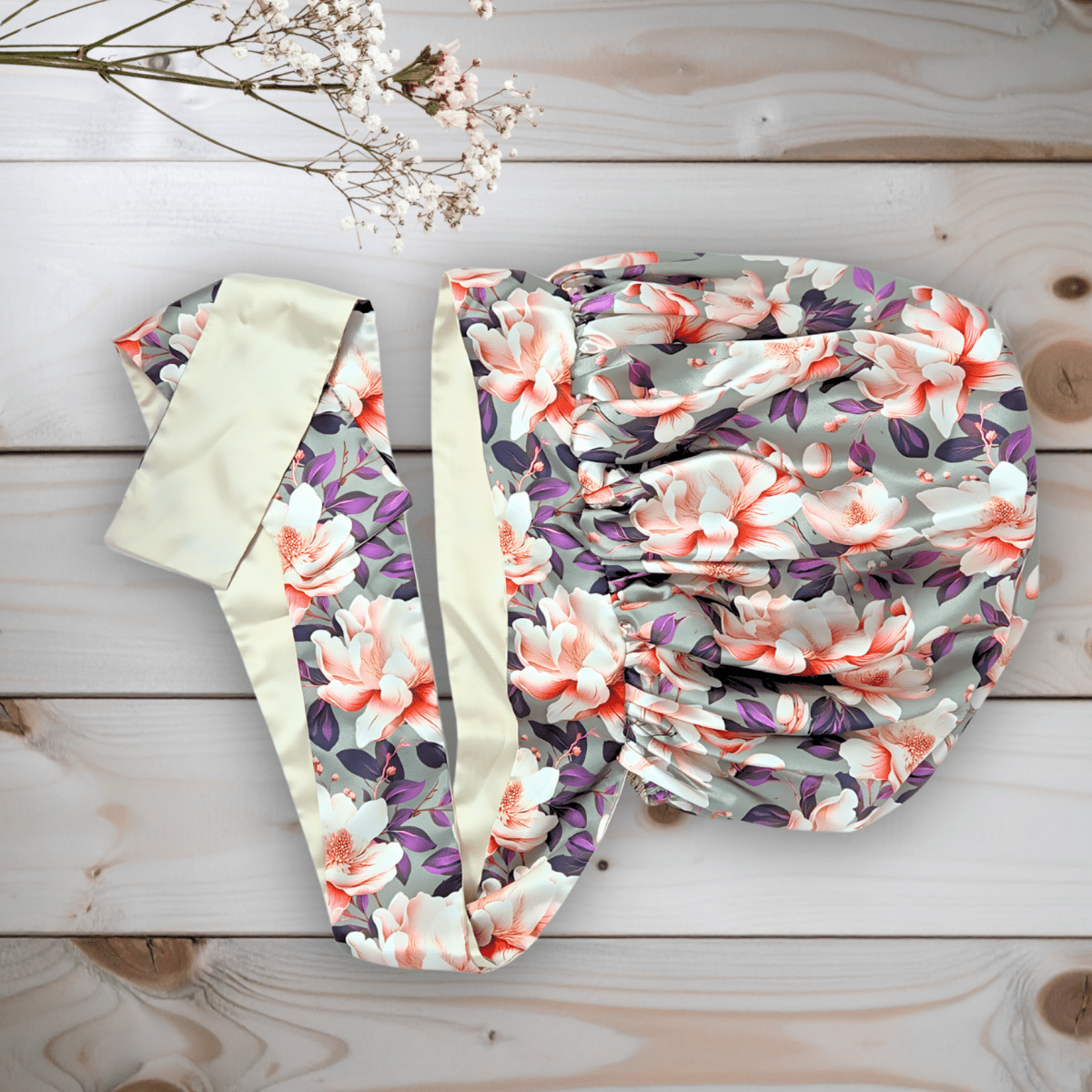 Reversible Charmeuse Silk Satin Bonnet – Exclusive Olive Magnolia Print - PHC