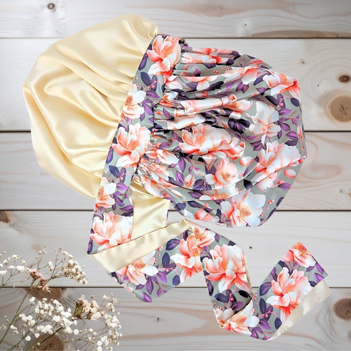 Reversible Charmeuse Silk Satin Bonnet – Exclusive Olive Magnolia Print - PHC
